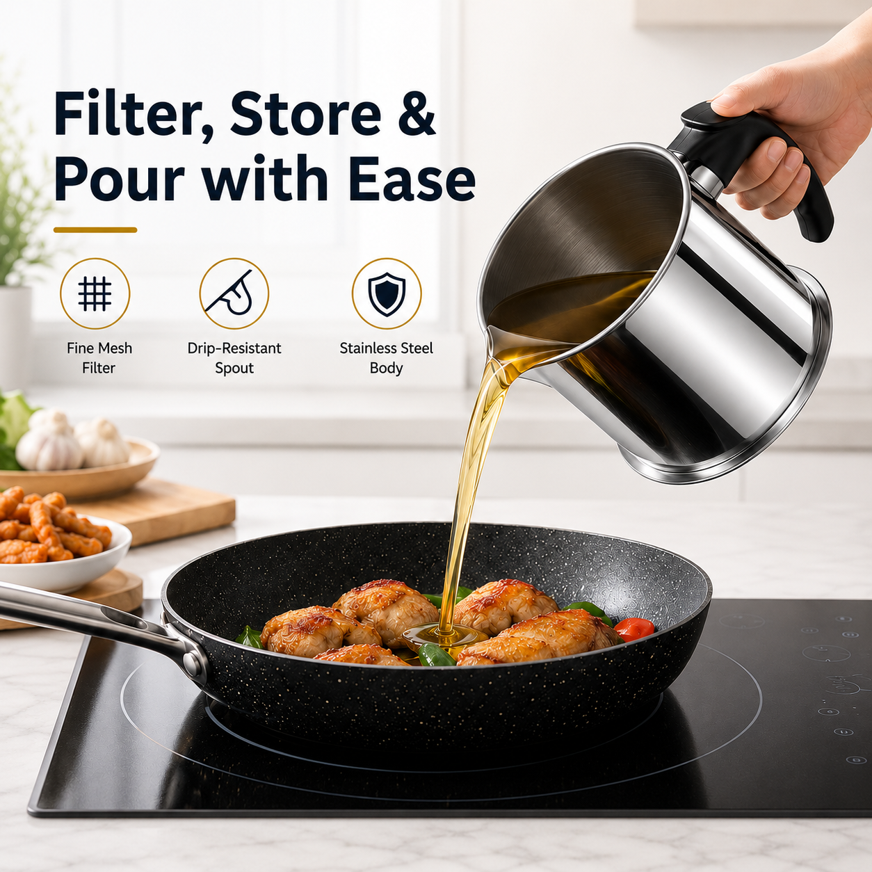 Modern Stainless Steel Oil Dispenser with Filter & Lid