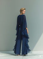 Women's Navy Blue Chiffon Top With Flared Sleeves And Straight-leg Trousers Set With Ruffled Details