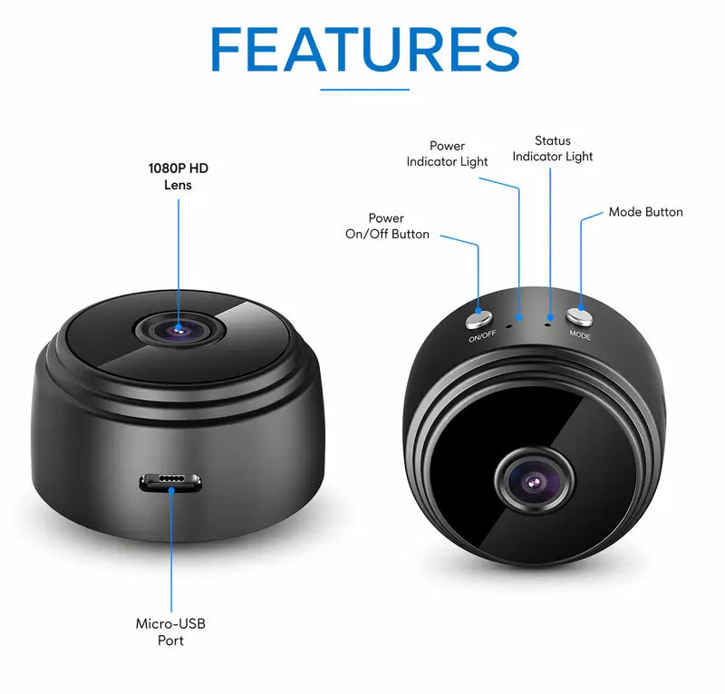 Mini Guard magnetic security camera with 1080P HD night vision, 360° rotation, and motion detection for home and porch monitoring