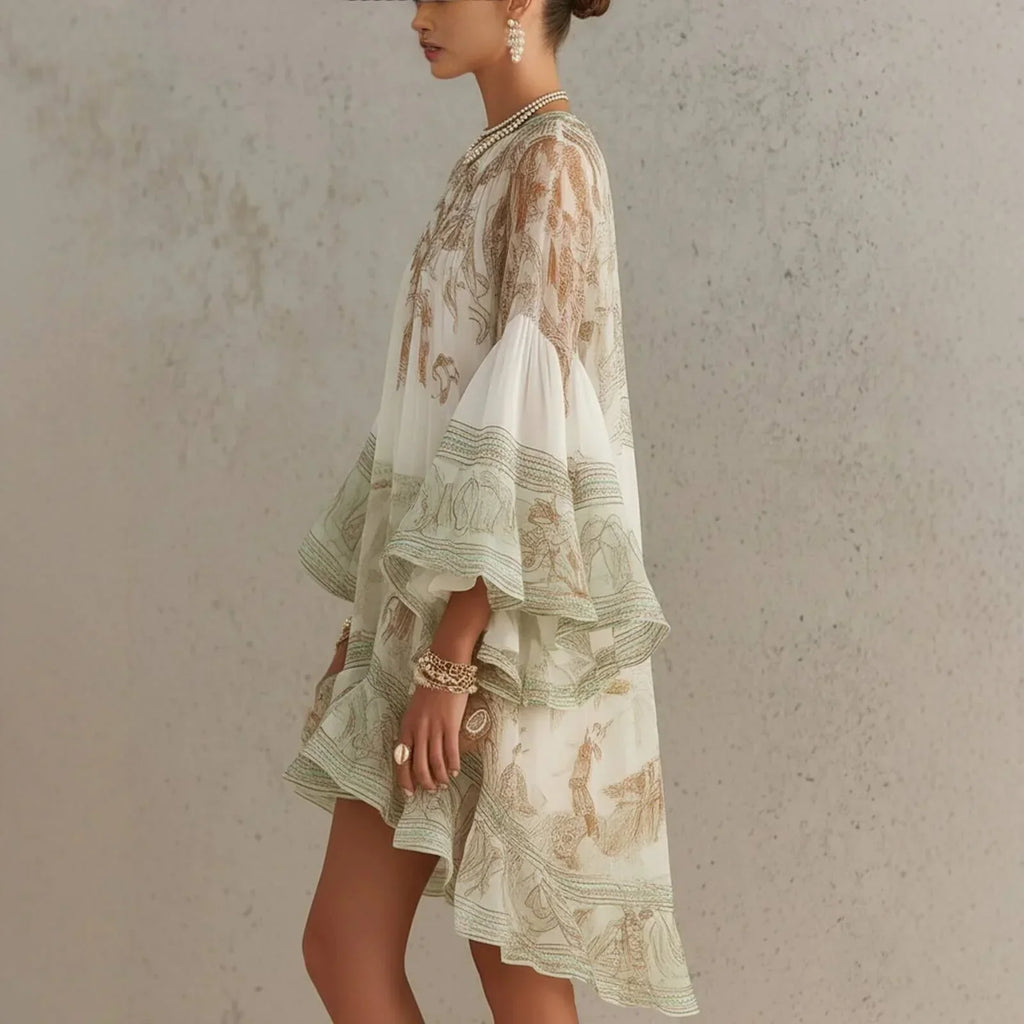 Boho Printed Ruffled Flare Sleeve Stretchy Polyester Womens Mini Dress