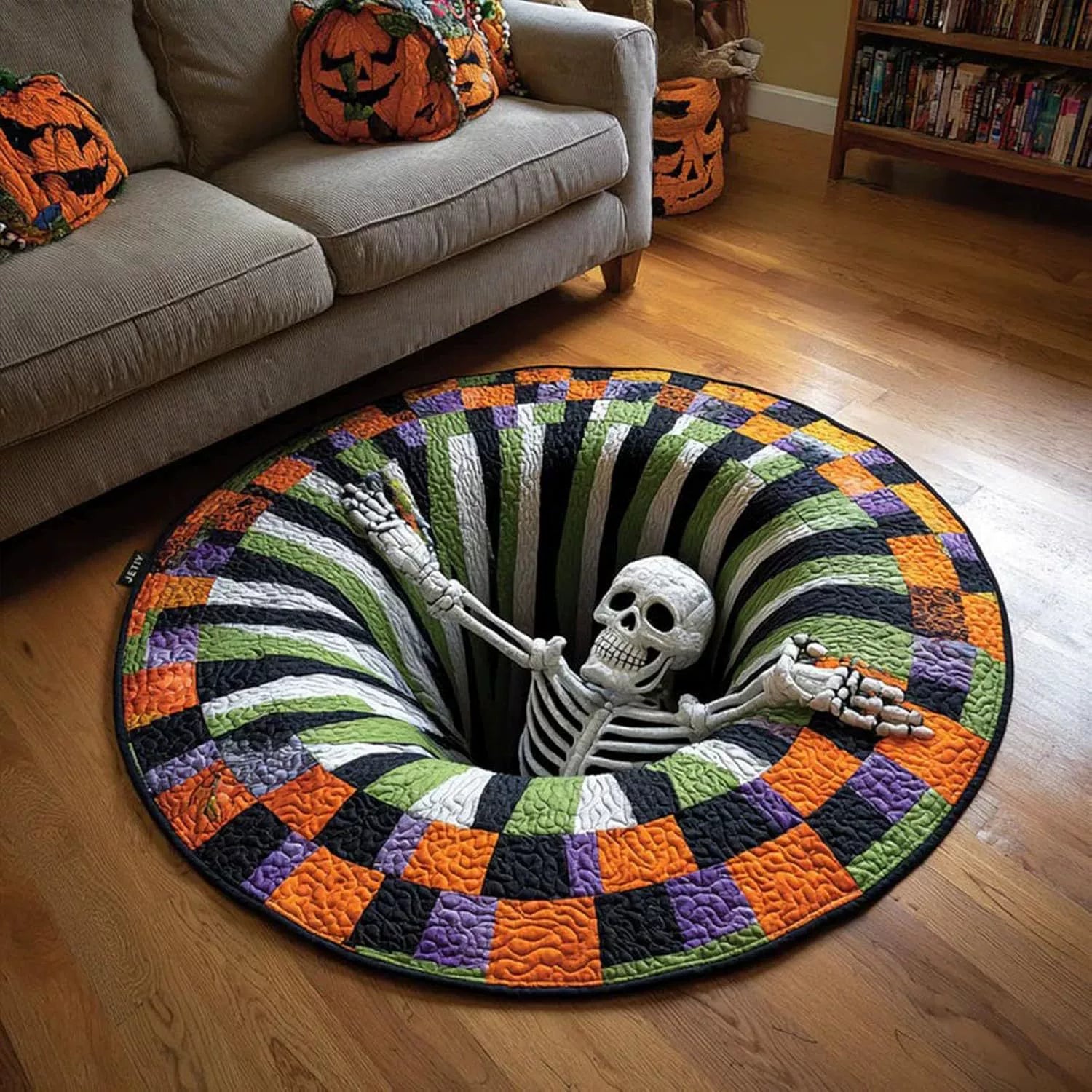 3D Skeleton Vortex Quilted Round Halloween Rug