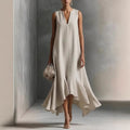 Sleeveless V-Neck Linen Midi Dress with Ruffled Hem