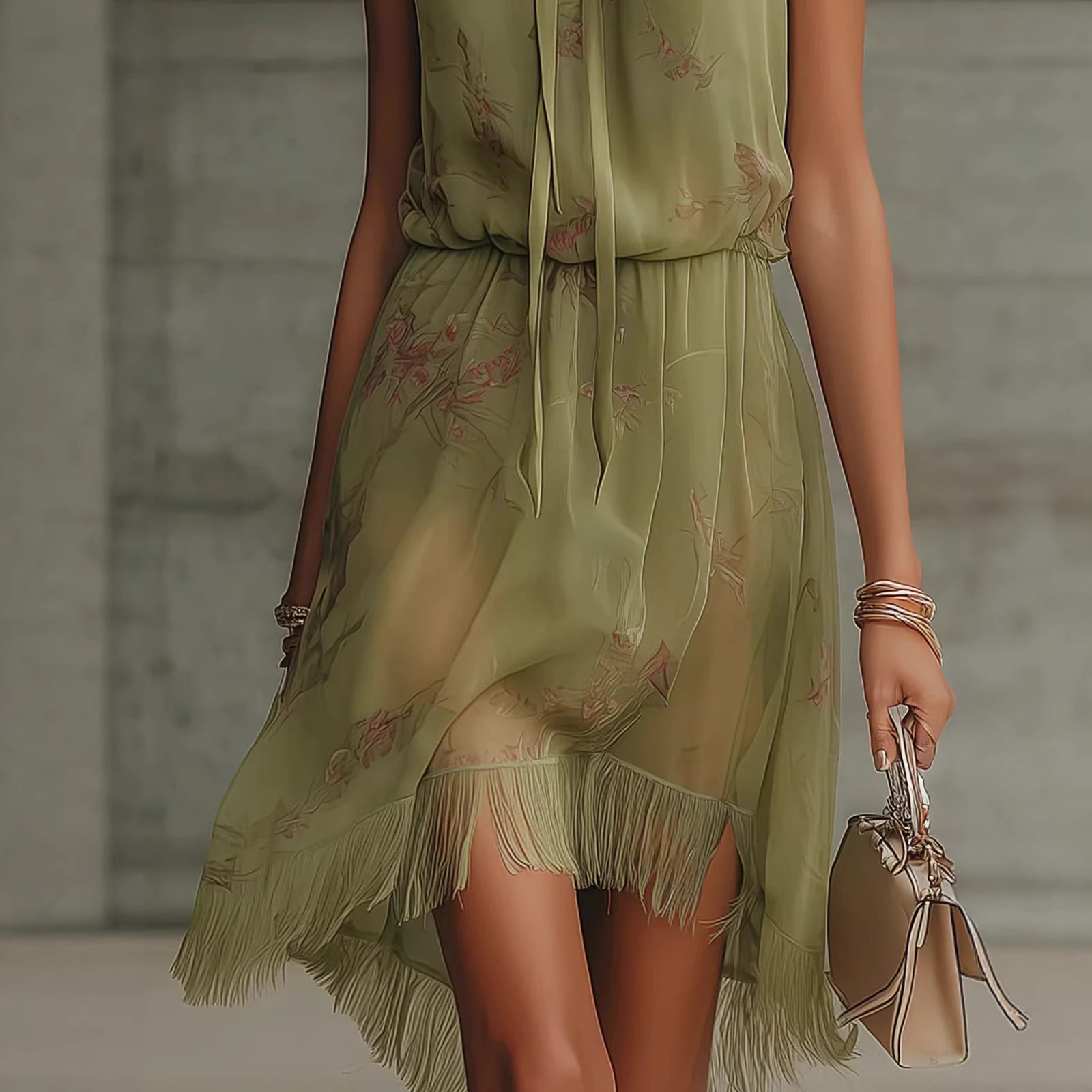 High-Neck Floral Chiffon Fringe Mini Dress