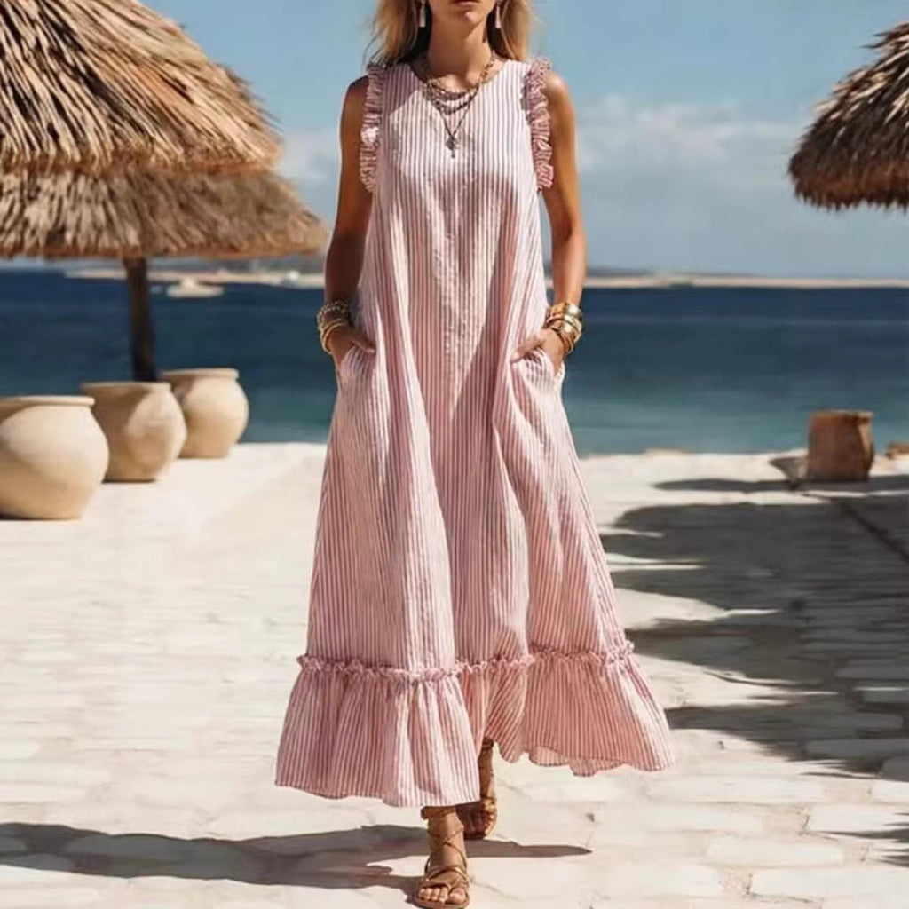🌊 Coastal Striped Ruffle Maxi Dress
