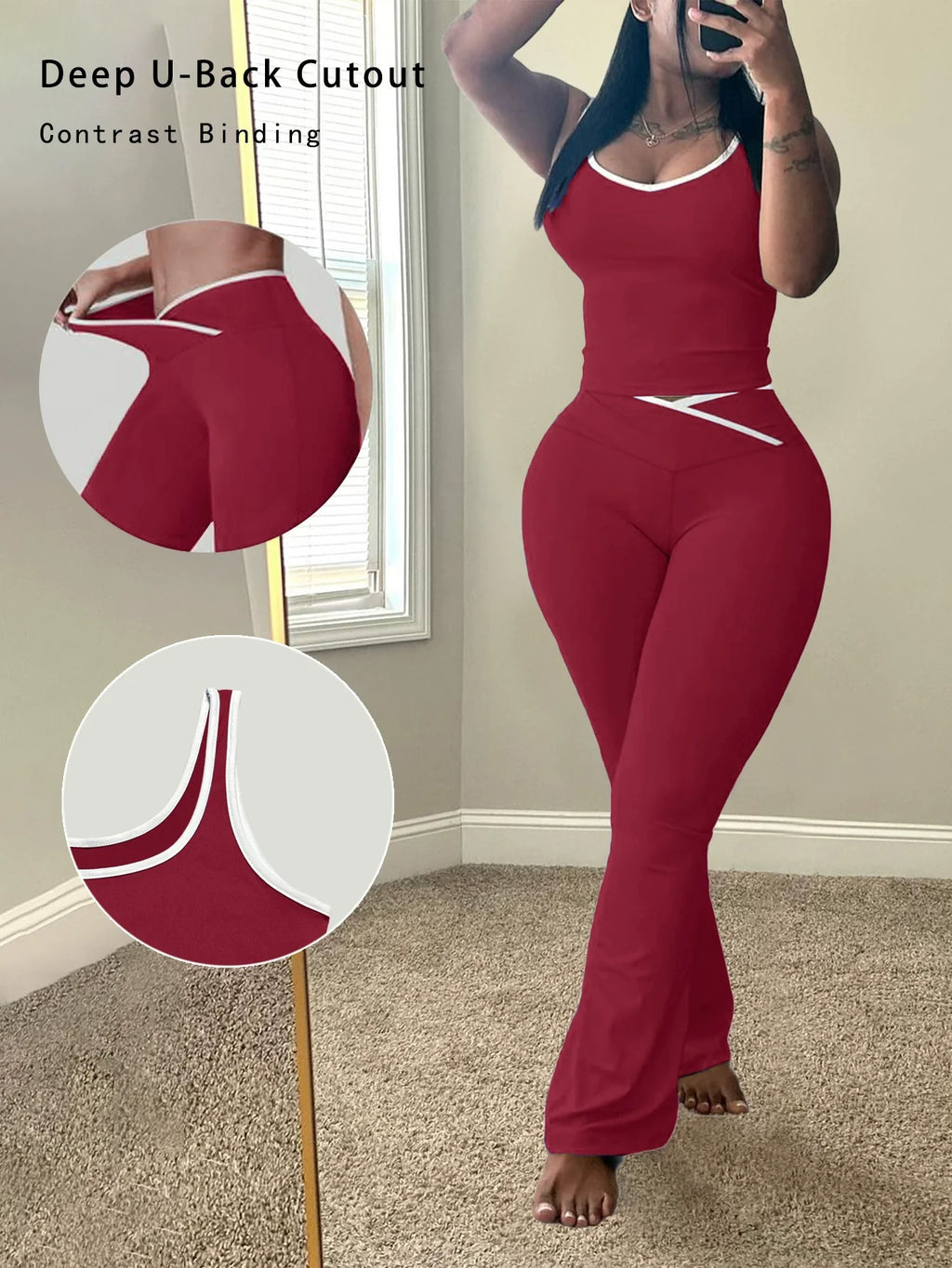 Chic Colorblock Crmon Tank and Flare Pants Lounge Sets