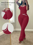 Chic Colorblock Crmon Tank and Flare Pants Lounge Sets