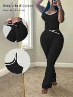 Chic Colorblock Crmon Tank and Flare Pants Lounge Sets