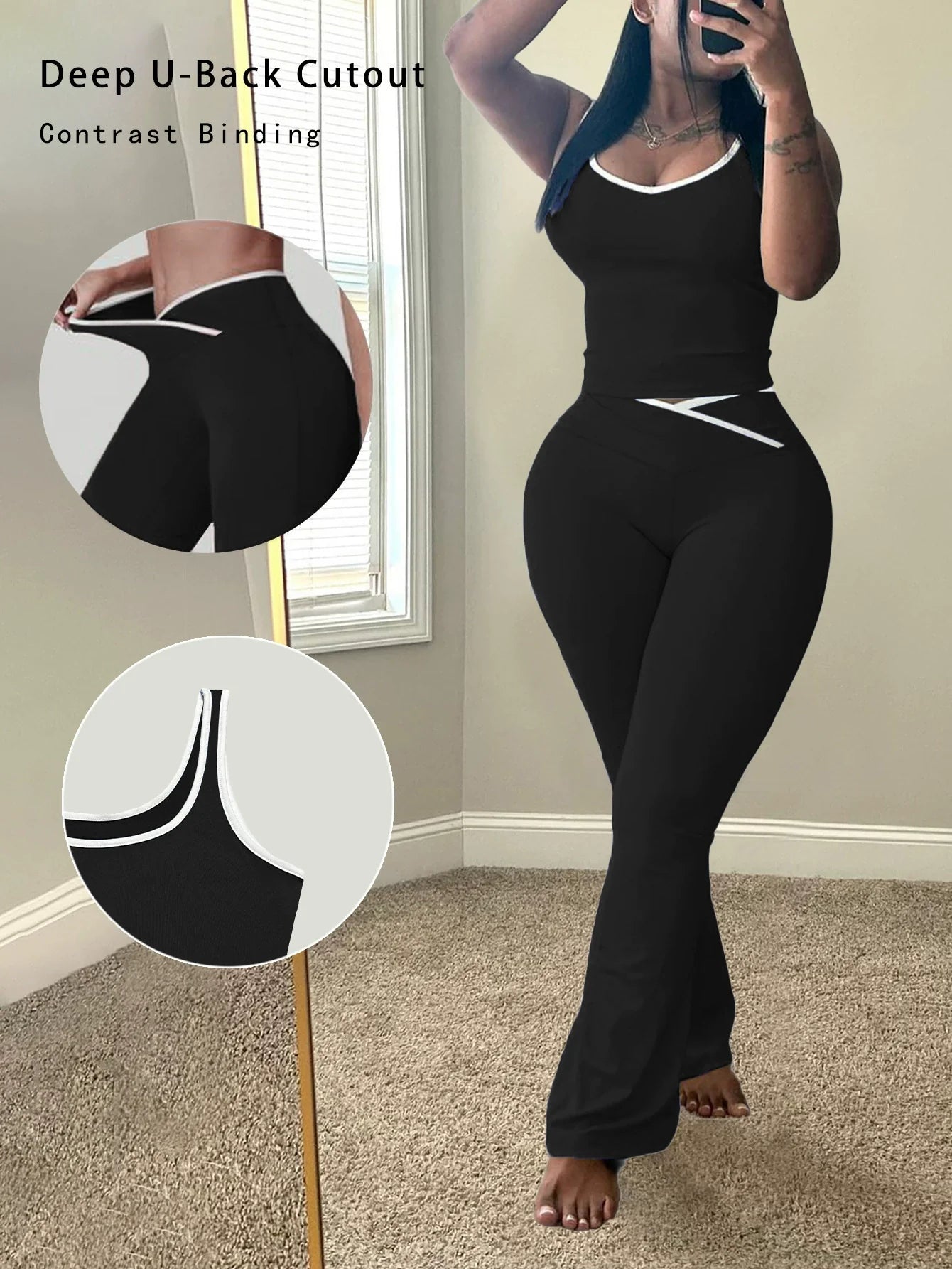 Chic Colorblock Crmon Tank and Flare Pants Lounge Sets