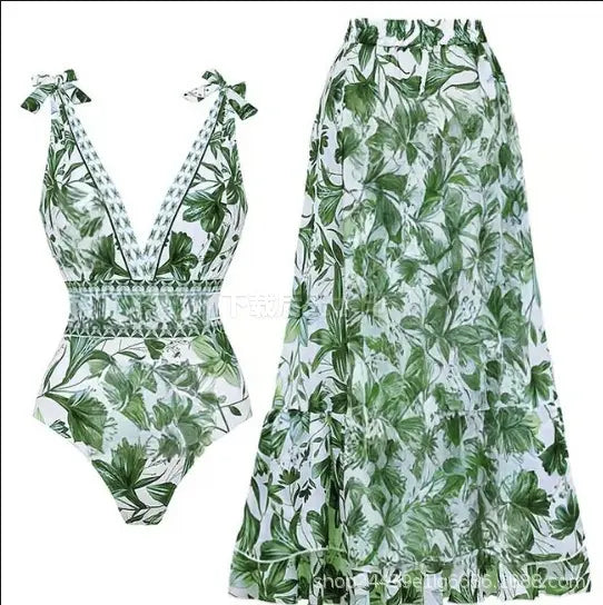 Women Adjustable Shoulder Strip Plant Prints One Piece Swimsuit and Skirt