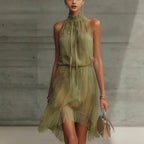 High-Neck Floral Chiffon Fringe Mini Dress