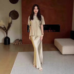 Solid Color Round Neck Short-Sleeved Casual Satin Temperament Skirt