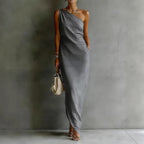 Solid Color Satin Slant Shoulder Drape Slim Long Dress