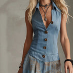 Fashionable Retro Blue Imitation Denim Patchwork Skirt With Printed Skirt Long Skirt