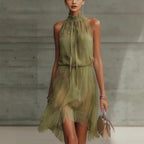High-Neck Floral Chiffon Fringe Mini Dress