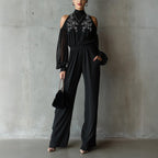 Black Embroidered Women'S Long-Sleeved Jumpsuit