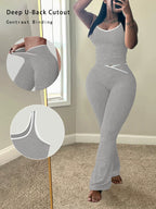Chic Colorblock Crmon Tank and Flare Pants Lounge Sets