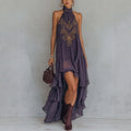 Boho Embroidered High-Low Halter Maxi Dress