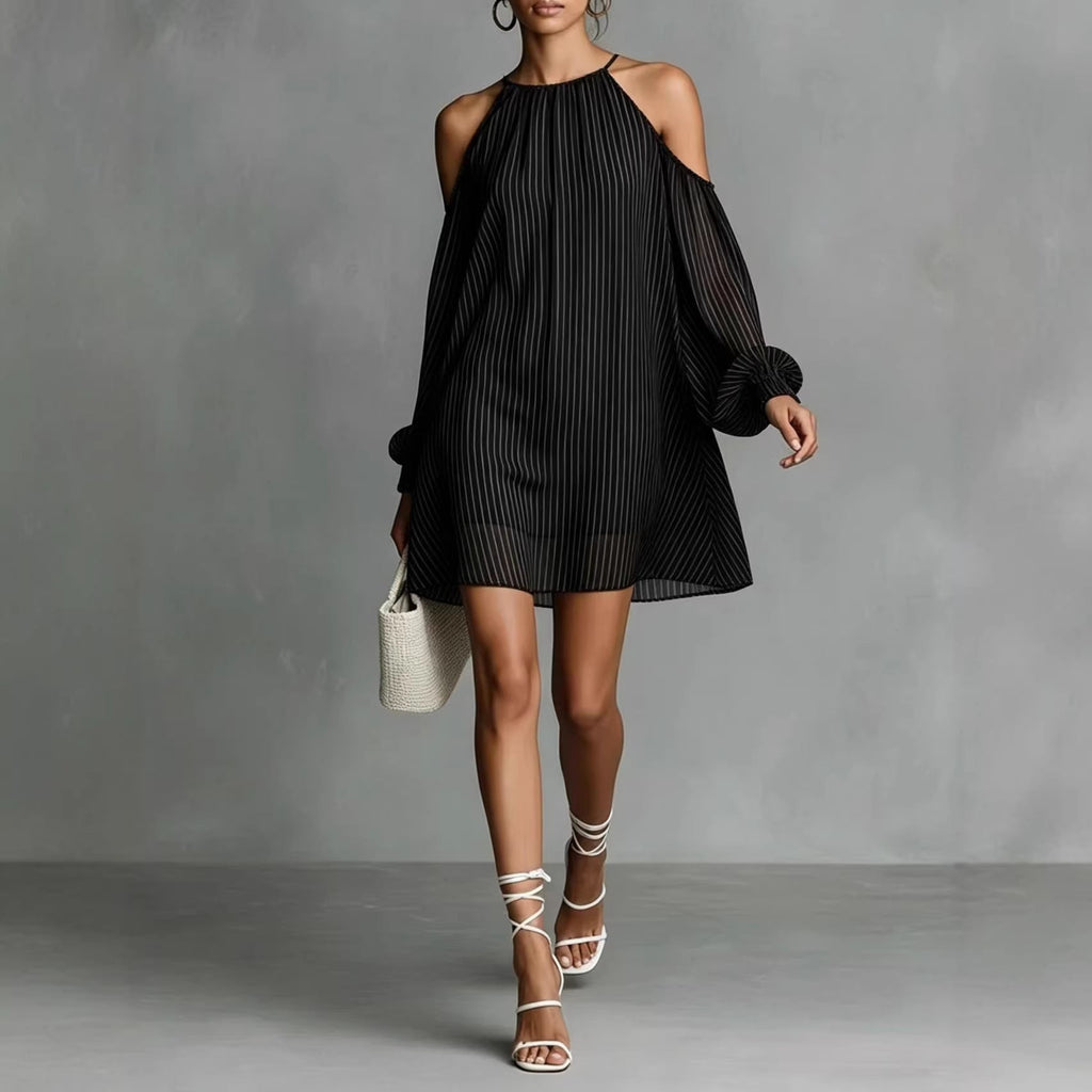Striped Halter Cold-Shoulder Mini Dress