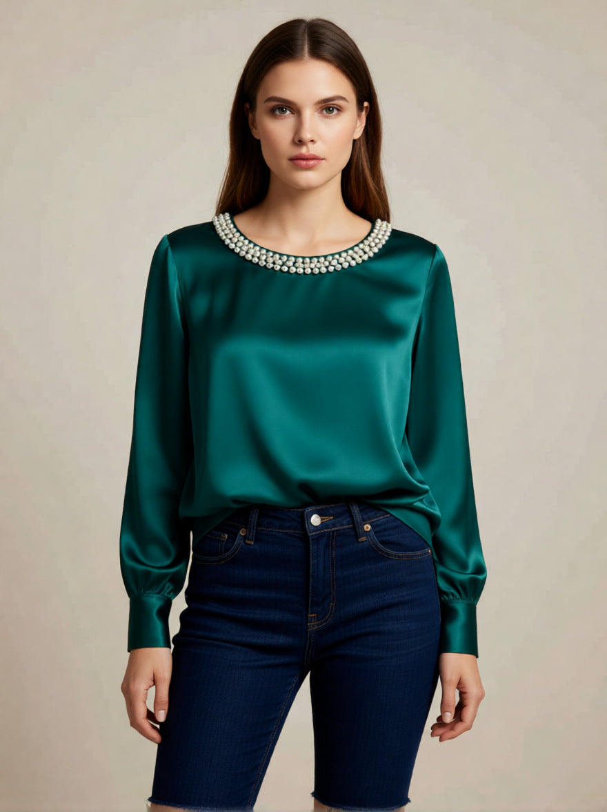 womens luxe satin pearl collar blouse fitting long