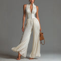 V-neck Sleeveless Zip-up Pleated Wide-leg Chiffon Jumpsuit