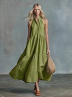 Sleeveless Casual Loose Linen Button Vest Dress