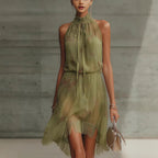 High-Neck Floral Chiffon Fringe Mini Dress