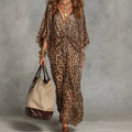 Women's Leopard Print Knot-Front Maxi Kaftan Dress - Flowy V-Neck Chiffon Cover-Up