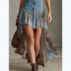 Fashionable Retro Blue Imitation Denim Patchwork Skirt With Printed Skirt Long Skirt