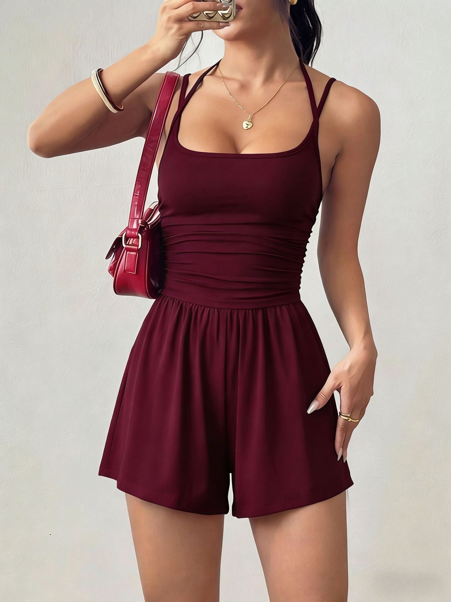 Flirla Women's Casual Pleated Loose Straight Leg Jumpsuit