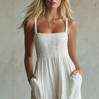 White Smocked Wide-Leg Jumpsuit