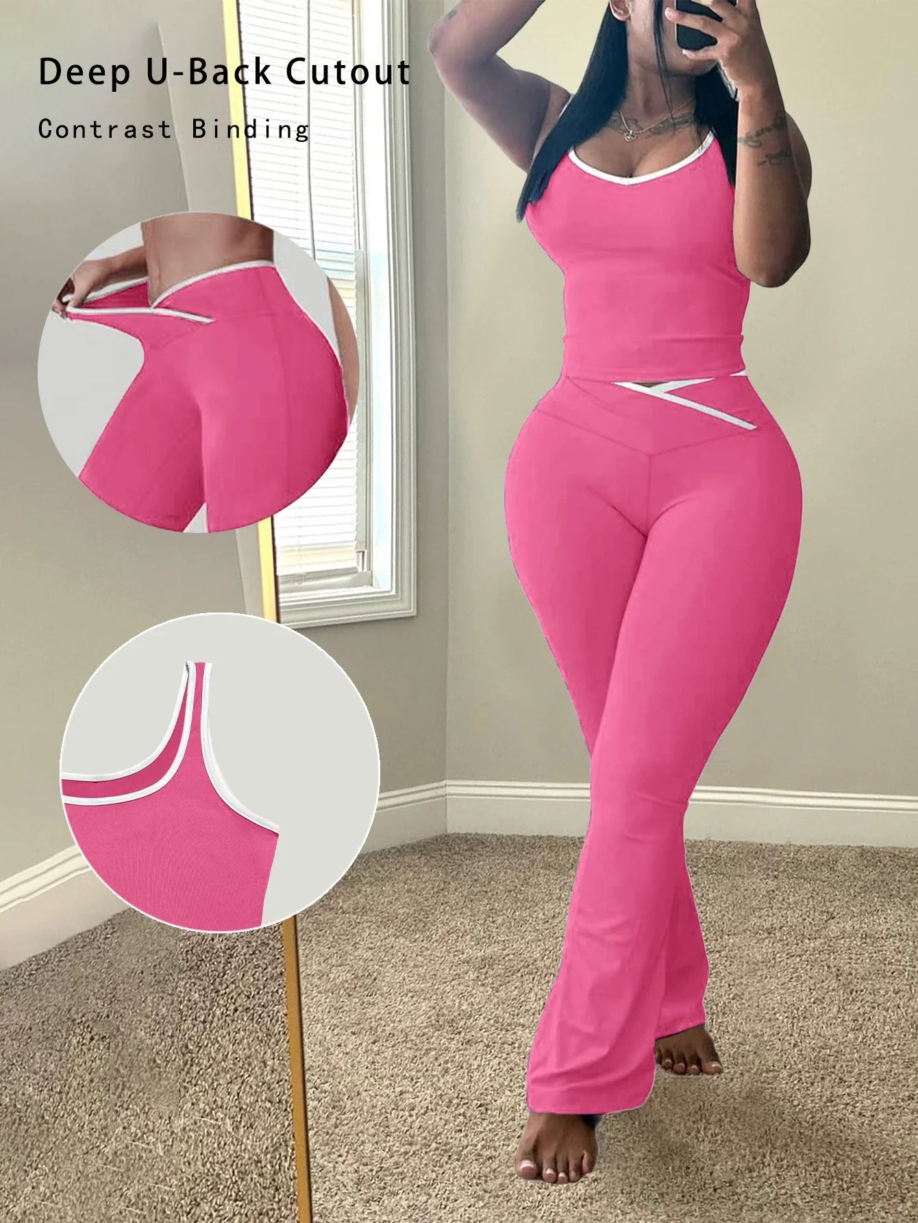 Chic Colorblock Crmon Tank and Flare Pants Lounge Sets