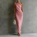 Solid Color Satin Slant Shoulder Drape Slim Long Dress