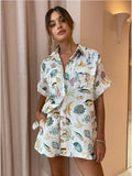 Printed Shirts Shorts Suit Female Holiday Casual Short Sleeve Loose Top Linen Women 2 Pieces Set Summer Fashion Outfits