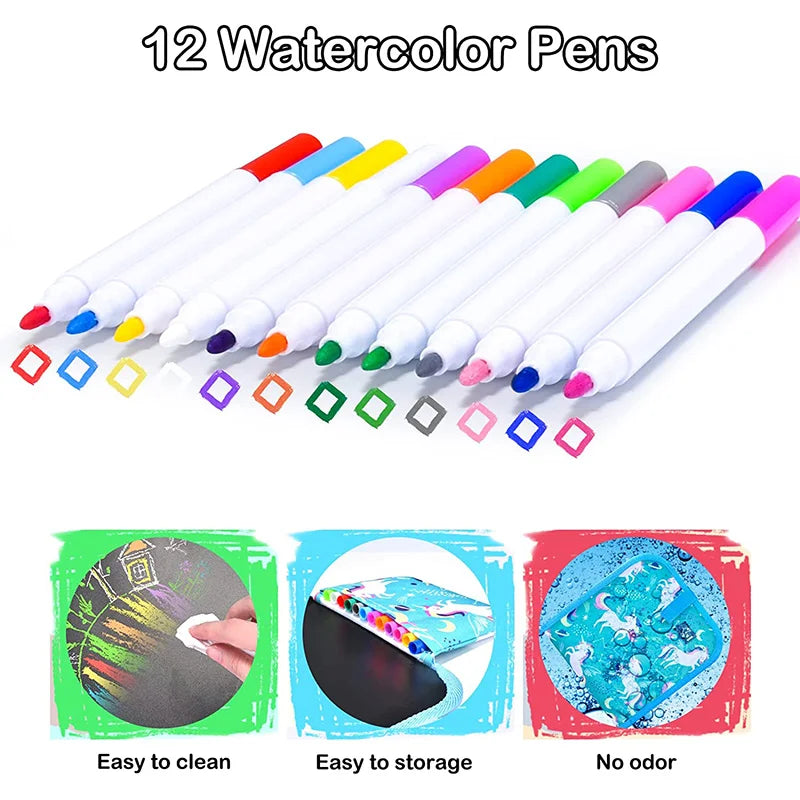 Erasable Doodle Book for KidsToddlers Toys Reusable Drawing Pads with 12 Watercolor Pens Preschool Toy Trip Writing Painting Set Beauty Fashion
