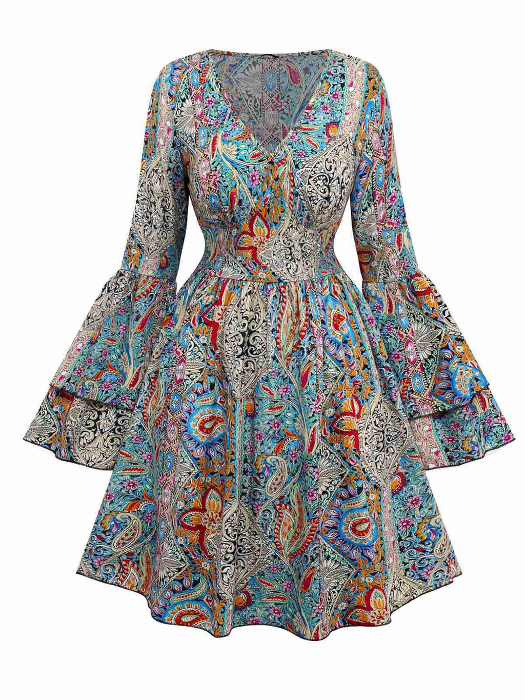 Bohemian Paisley Floral Bell Sleeve Dress