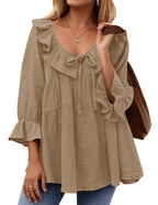 Women’s Scoop Neck 3/4 Length Sleeve Tie Front Ruffle Tiered Tunic Shirts