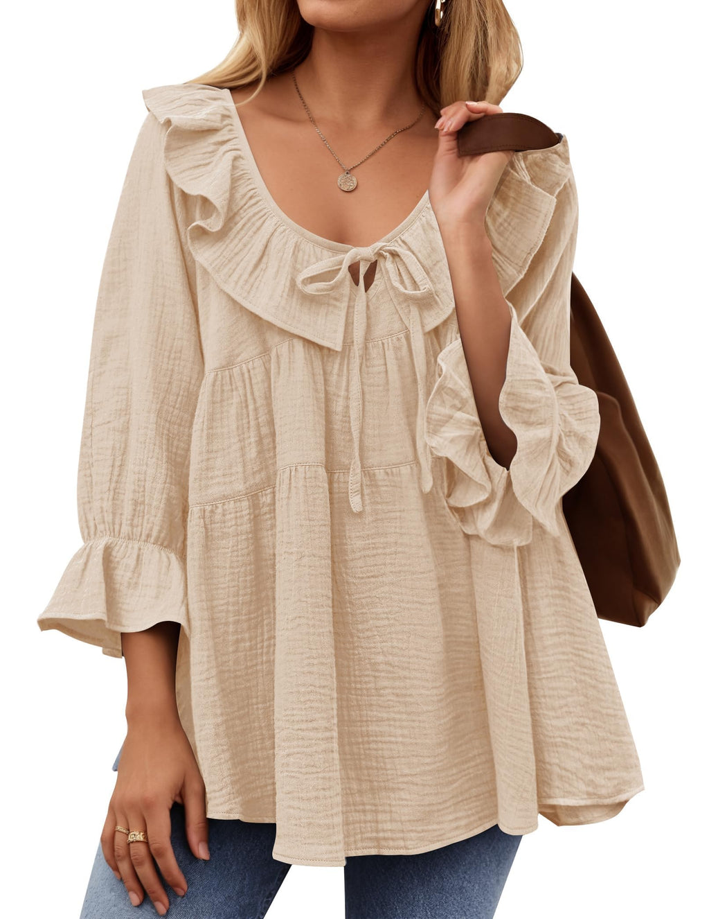 Women’s Scoop Neck 3/4 Length Sleeve Tie Front Ruffle Tiered Tunic Shirts