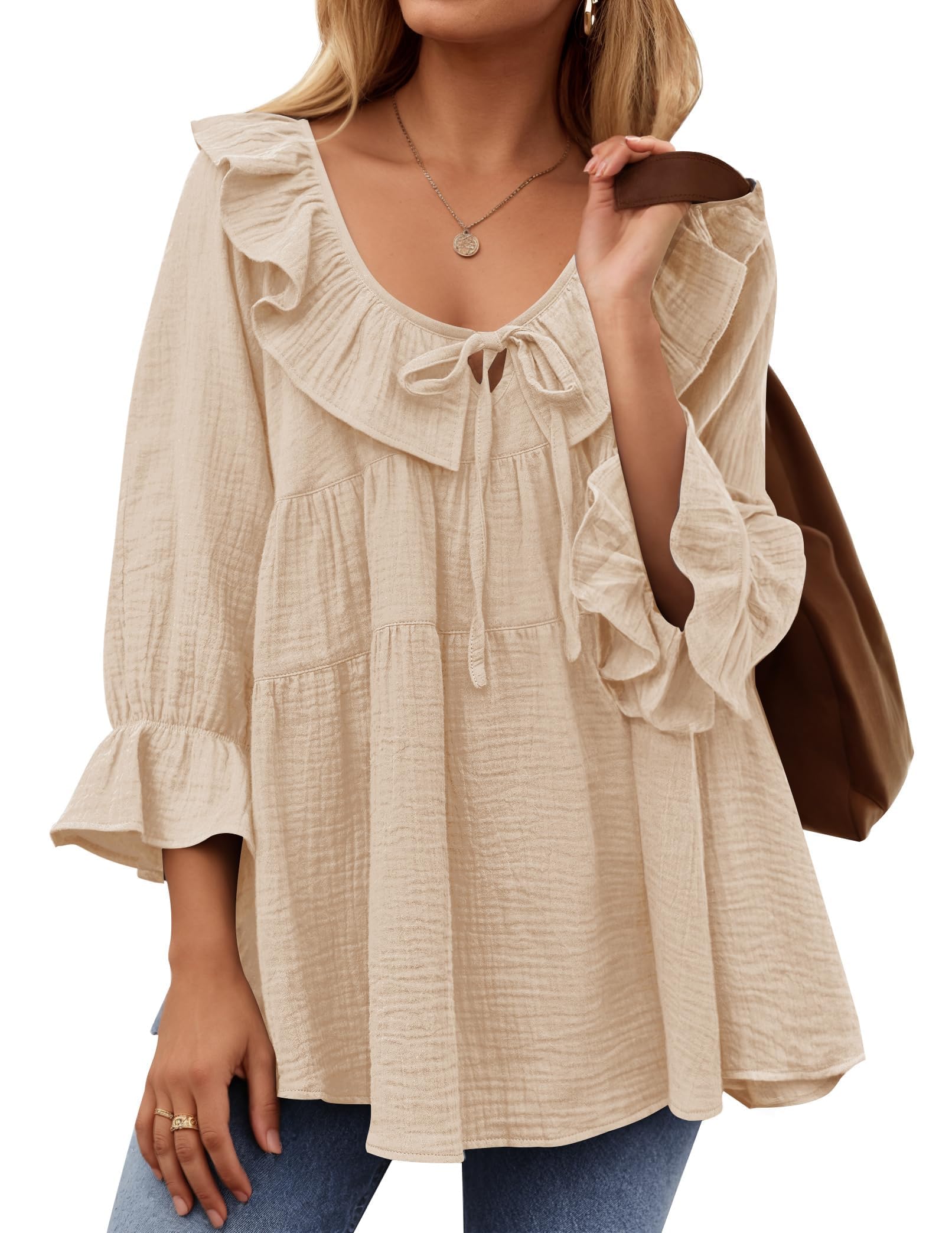 Women’s Scoop Neck 3/4 Length Sleeve Tie Front Ruffle Tiered Tunic Shirts