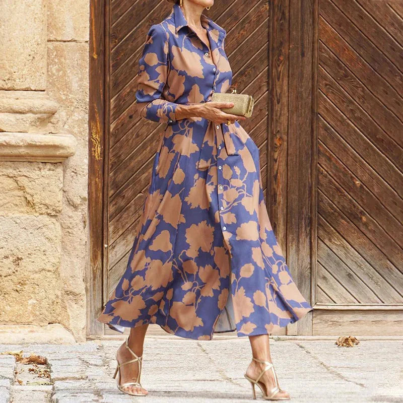 Women's Shirt Dress Casual Dress Swing Dress Maxi long Dress Date Vacation Modern Casual Shirt Collar Button Pocket Long Sleeve Summer Spring Loose Fit Floral