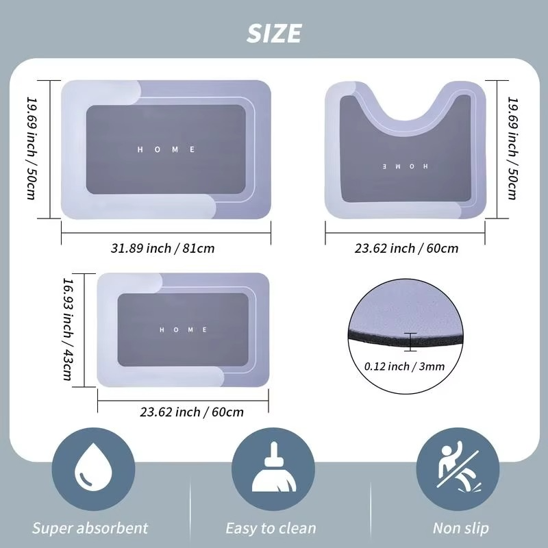 3 Piece Anti Slip Bathroom Mat Set