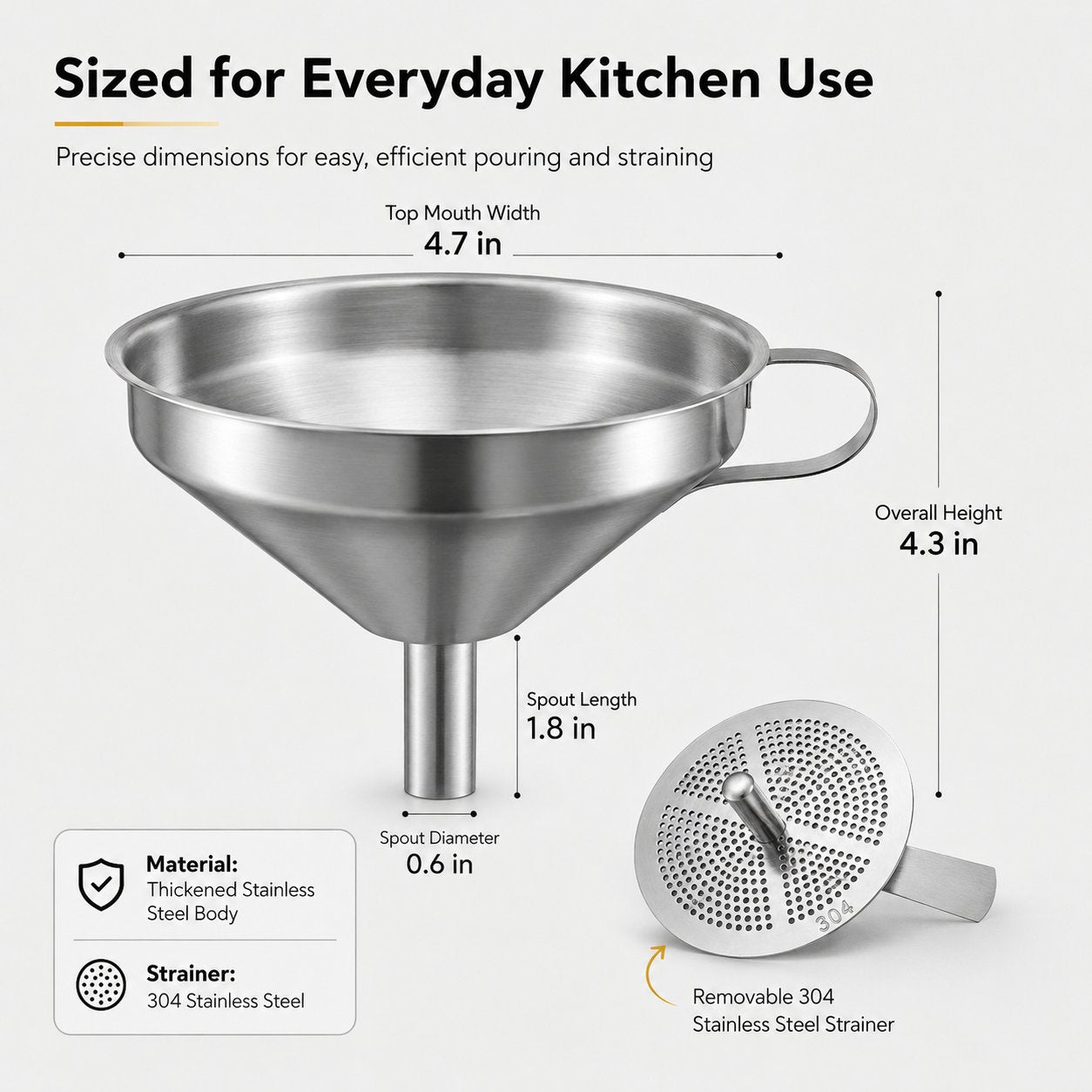 Heavy Duty Thickened Stainless Steel Kitchen Funnel with 304 Strainer