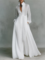 Casual Cotton Linen Maxi Dress High Waist Stand Collar Daily