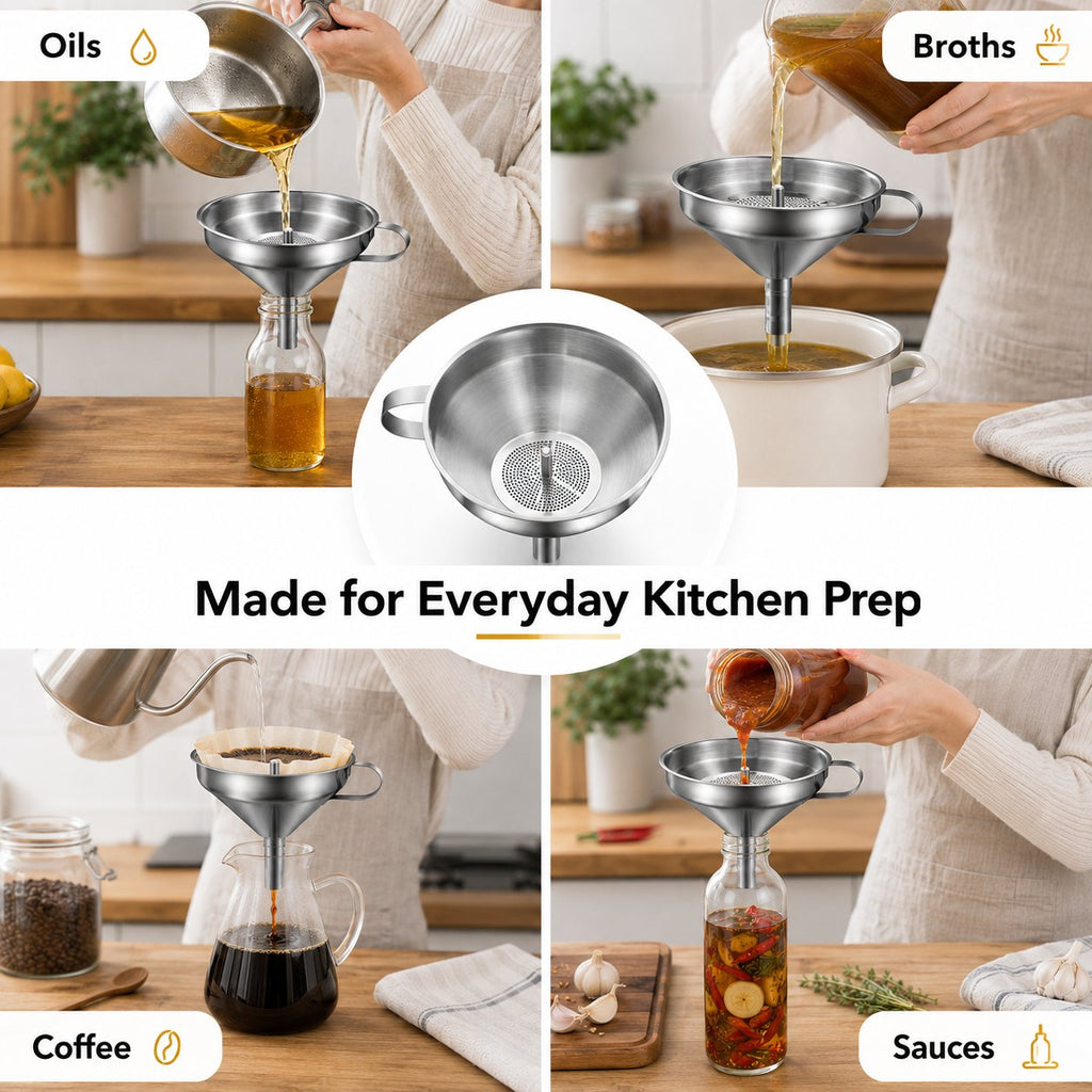 Heavy Duty Thickened Stainless Steel Kitchen Funnel with 304 Strainer