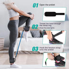 TPE leg resistance band set showing three tension levels with foot loops and storage bag for hip and leg exercises