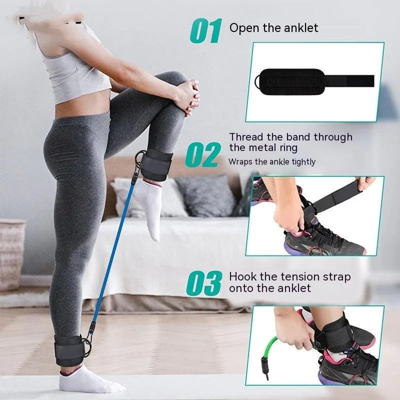 TPE leg resistance band set showing three tension levels with foot loops and storage bag for hip and leg exercises