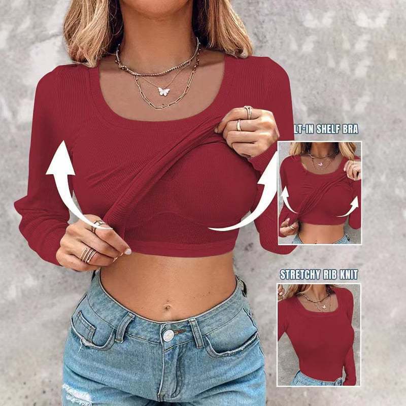 ??Womens U-Neck Built-in Bra Long Sleeve Ribbed Top Shirts Elegant Skinny Fit Fabric