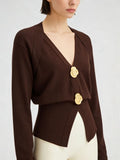 Metal Detail V-Neck Wool Blend Sweater