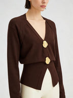 Metal Detail V-Neck Wool Blend Sweater