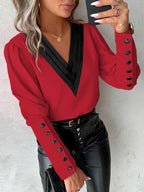Autumn Fashion V-neck Solid Color Long Sleeve Button-up Shirt
