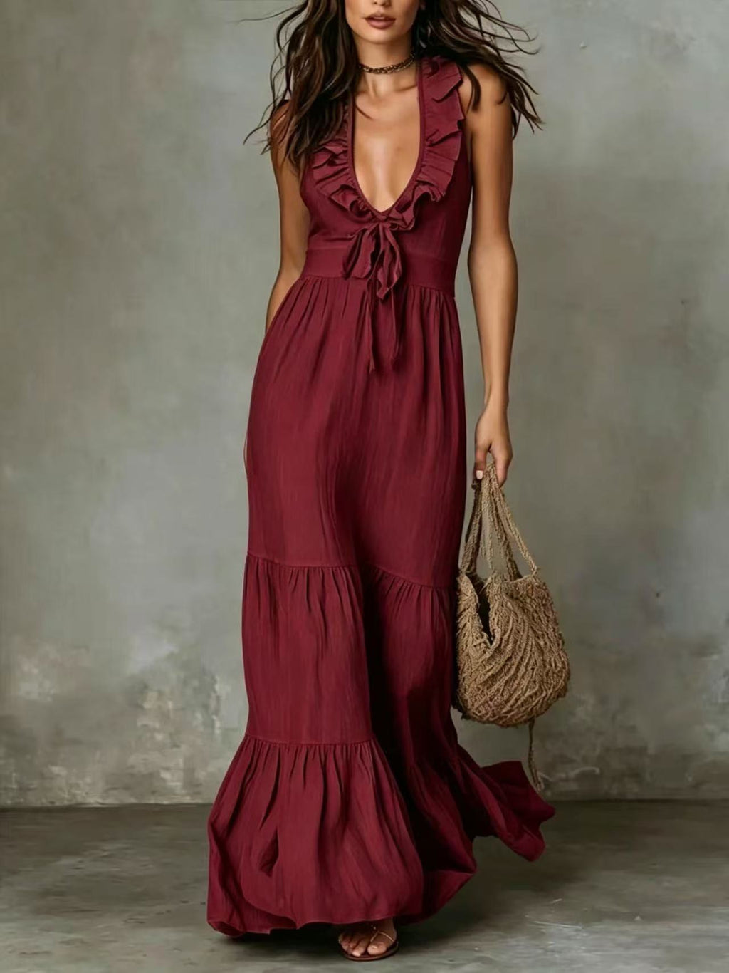 Loose Casual Deep V Ruffled Sleeveless Long Skirt Dress